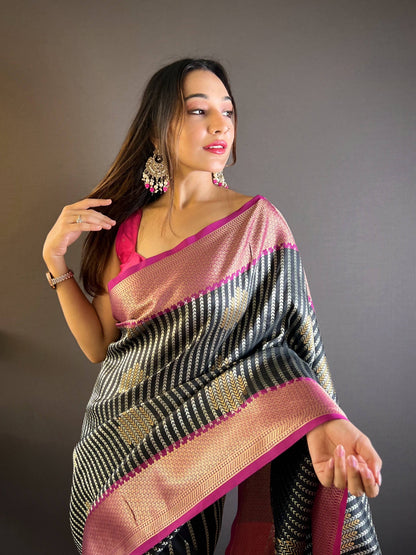 Sonakshi Women's Black Banarasi Silk Zari Woven Traditional Saree with Blouse