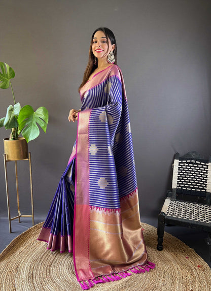 Sonakshi Women's Blue Banarasi Silk Zari Woven Traditional Saree with Blouse