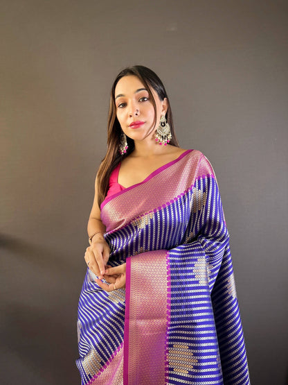 Sonakshi Women's Blue Banarasi Silk Zari Woven Traditional Saree with Blouse