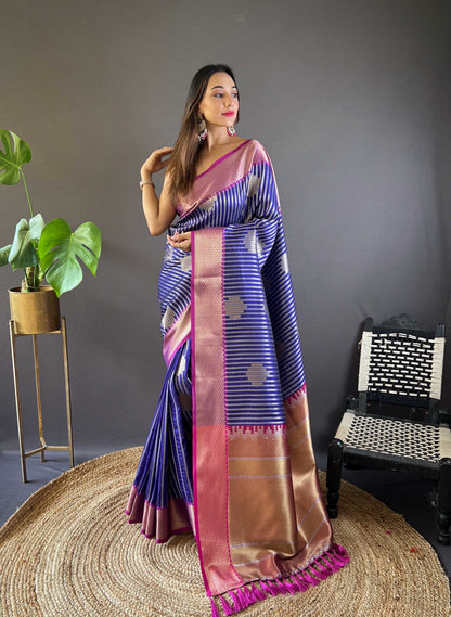 Sonakshi Women's Blue Banarasi Silk Zari Woven Traditional Saree with Blouse