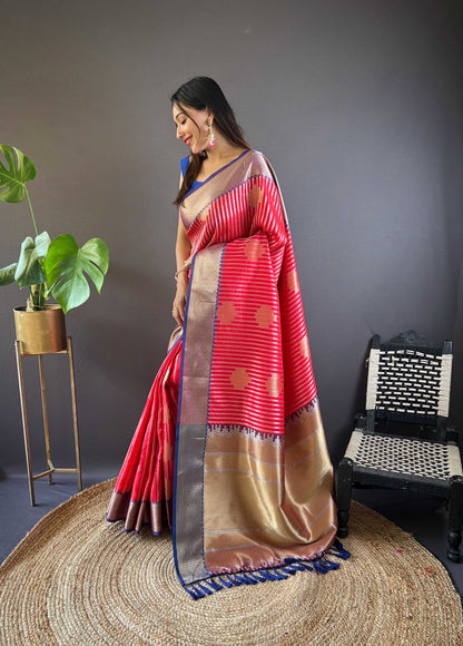 Sonakshi Women's Red Banarasi Silk Zari Woven Traditional Saree with Blouse
