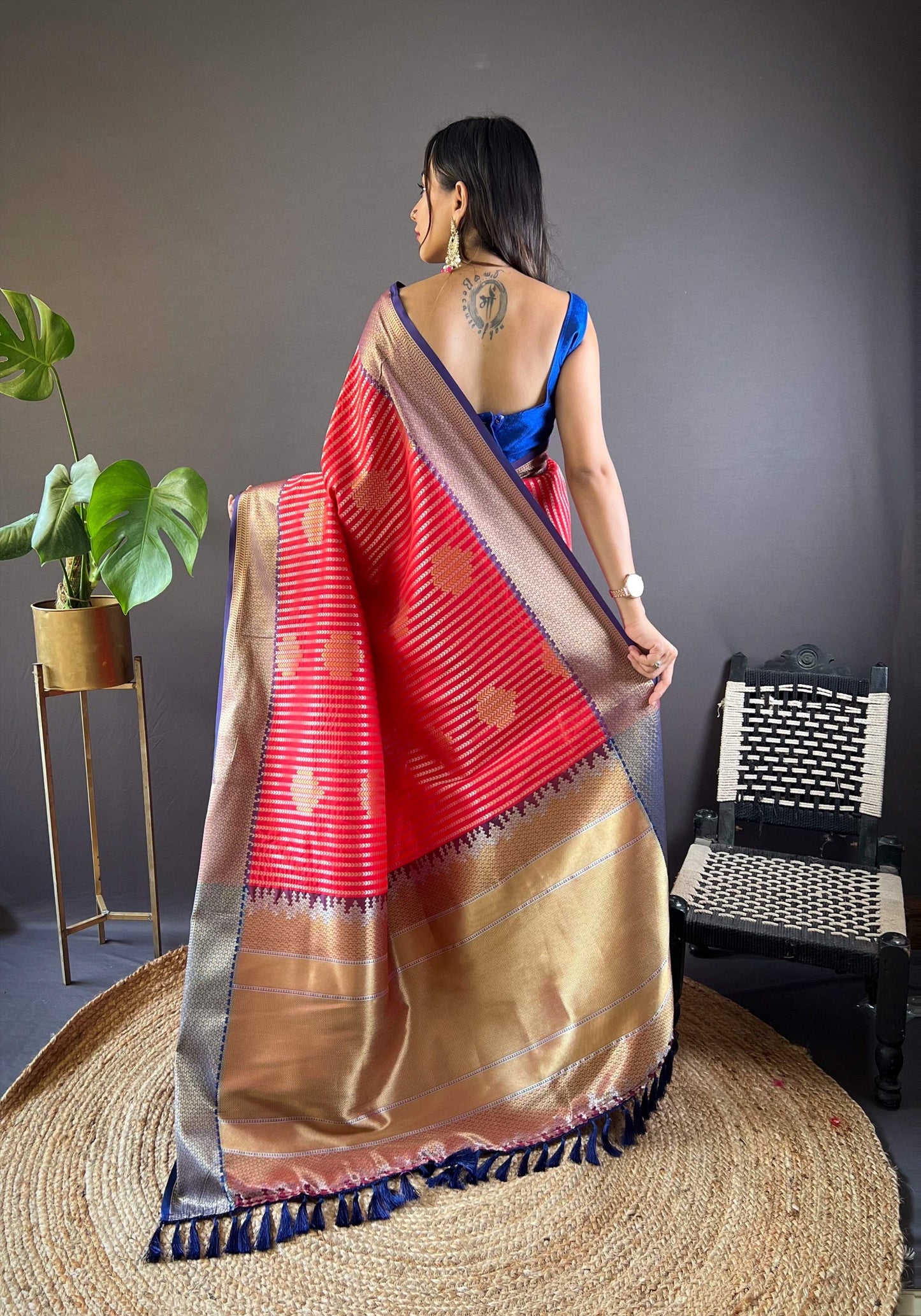 Sonakshi Women's Red Banarasi Silk Zari Woven Traditional Saree with Blouse