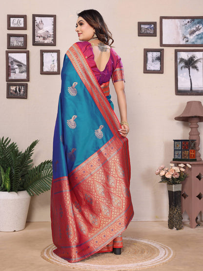 Sonakshi Women's Morepeach Banarasi Silk Zari Woven Traditional Saree with Blouse