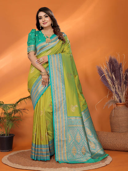 Sonakshi Women's Parrot Banarasi Silk Zari Woven Traditional Saree with Blouse