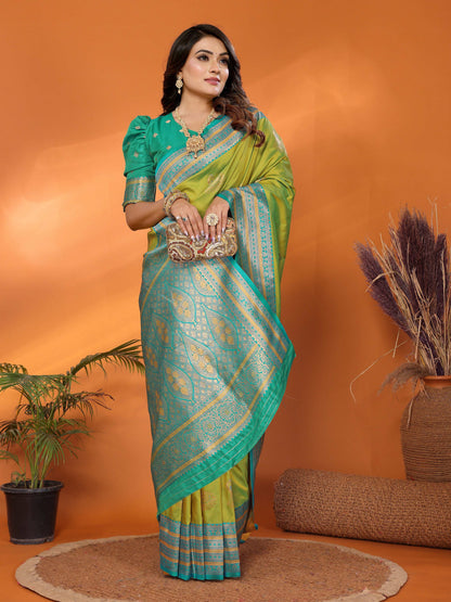 Sonakshi Women's Parrot Banarasi Silk Zari Woven Traditional Saree with Blouse