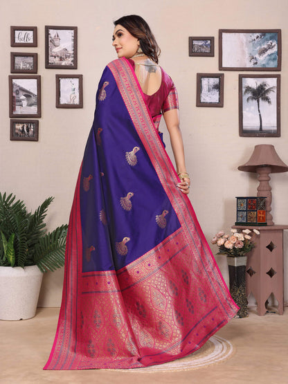 Sonakshi Women's Royal Blue Banarasi Silk Zari Woven Traditional Saree with Blouse
