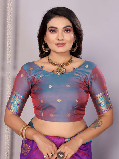 Sonakshi Women's Lavender Banarasi Silk Zari Woven Traditional Saree with Blouse
