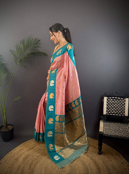 Sonakshi Women's Peach Banarasi Silk Zari Weaving Saree with Blouse