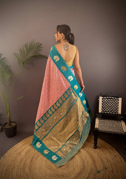 Sonakshi Women's Peach Banarasi Silk Zari Weaving Saree with Blouse