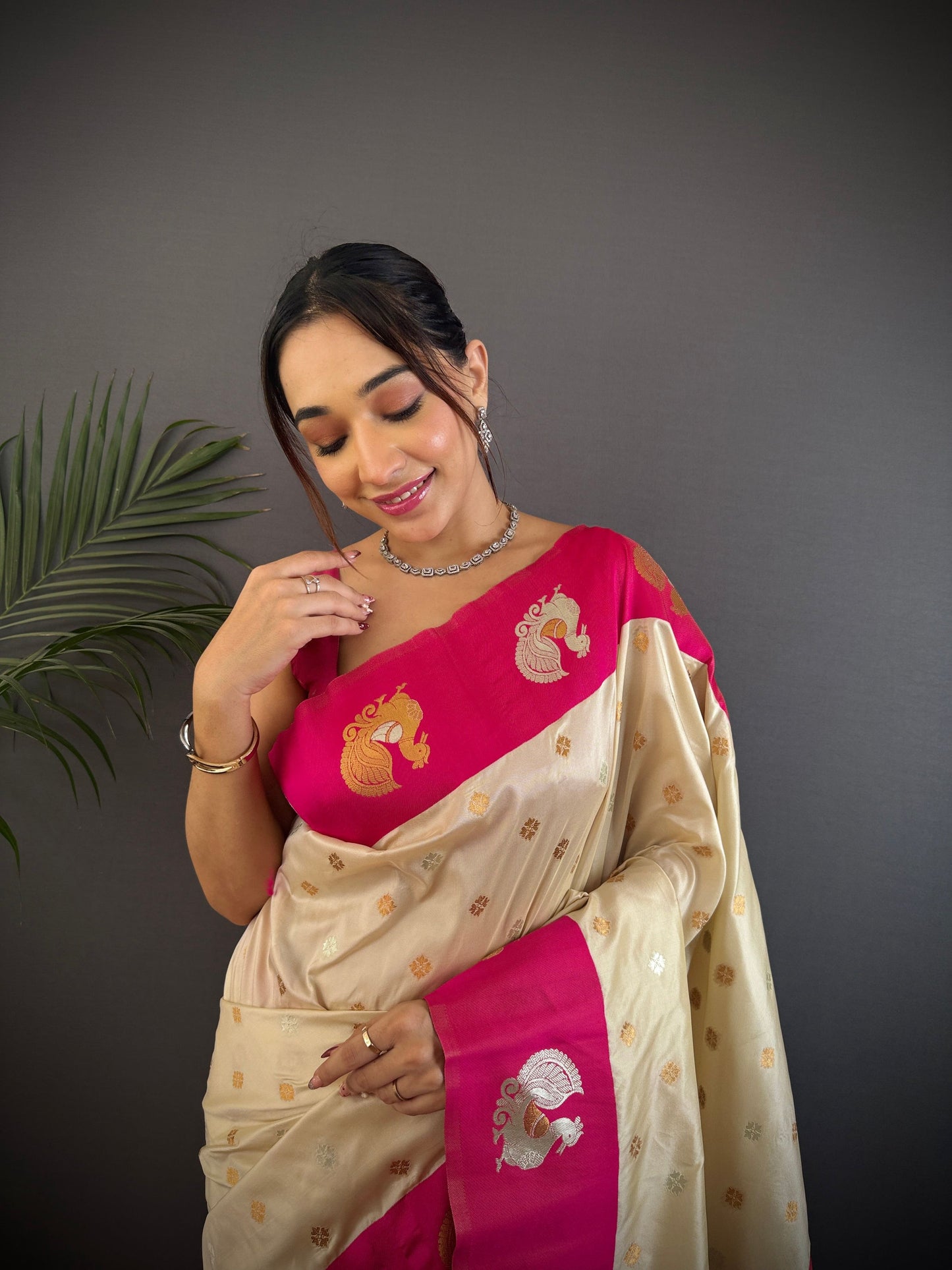 Sonakshi Women's White Banarasi Silk Zari Weaving Saree with Blouse
