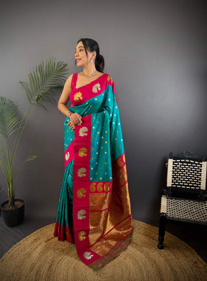 Sonakshi Women's Seagreen Banarasi Silk Zari Weaving Saree with Blouse