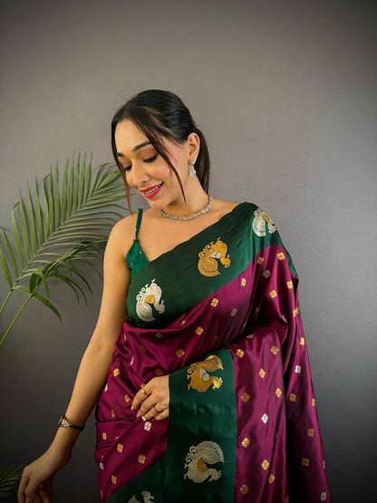 Sonakshi Women's Wine Banarasi Silk Zari Weaving Saree with Blouse