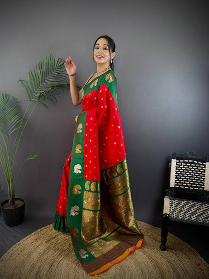 Sonakshi Women's Red Banarasi Silk Zari Weaving Saree with Blouse