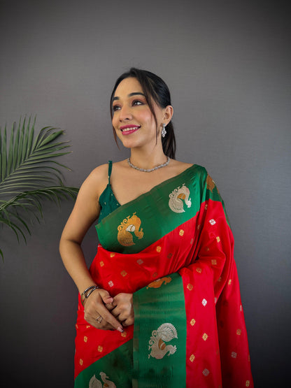Sonakshi Women's Red Banarasi Silk Zari Weaving Saree with Blouse
