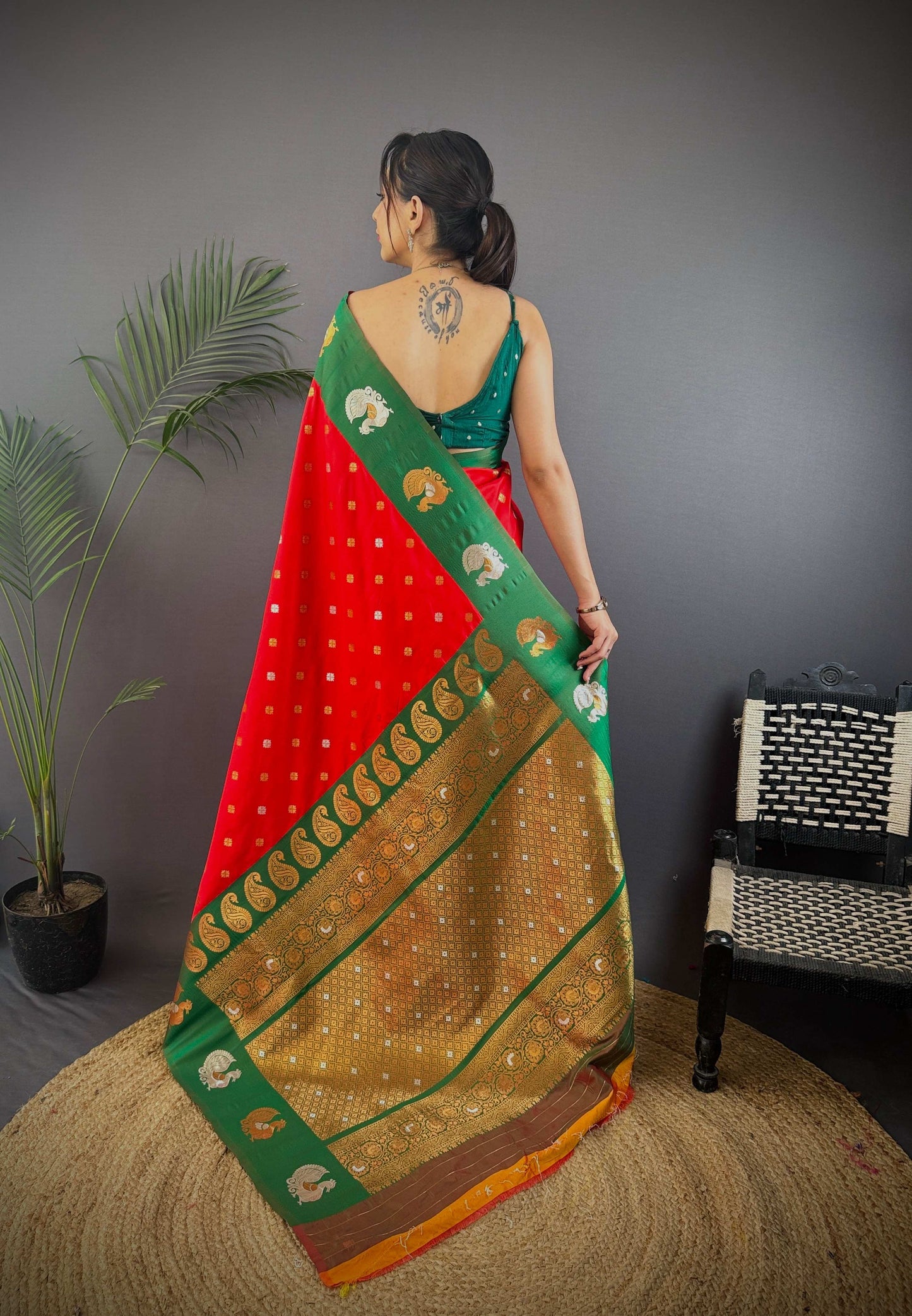 Sonakshi Women's Red Banarasi Silk Zari Weaving Saree with Blouse