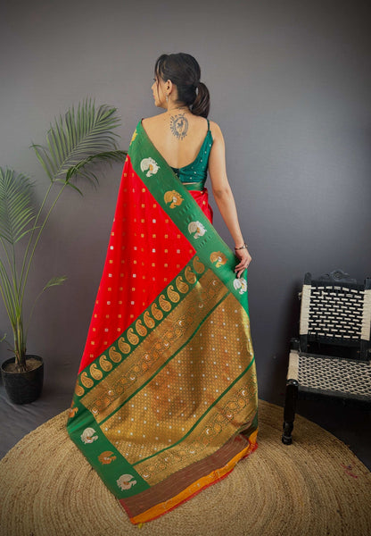 Sonakshi Women's Red Banarasi Silk Zari Weaving Saree with Blouse