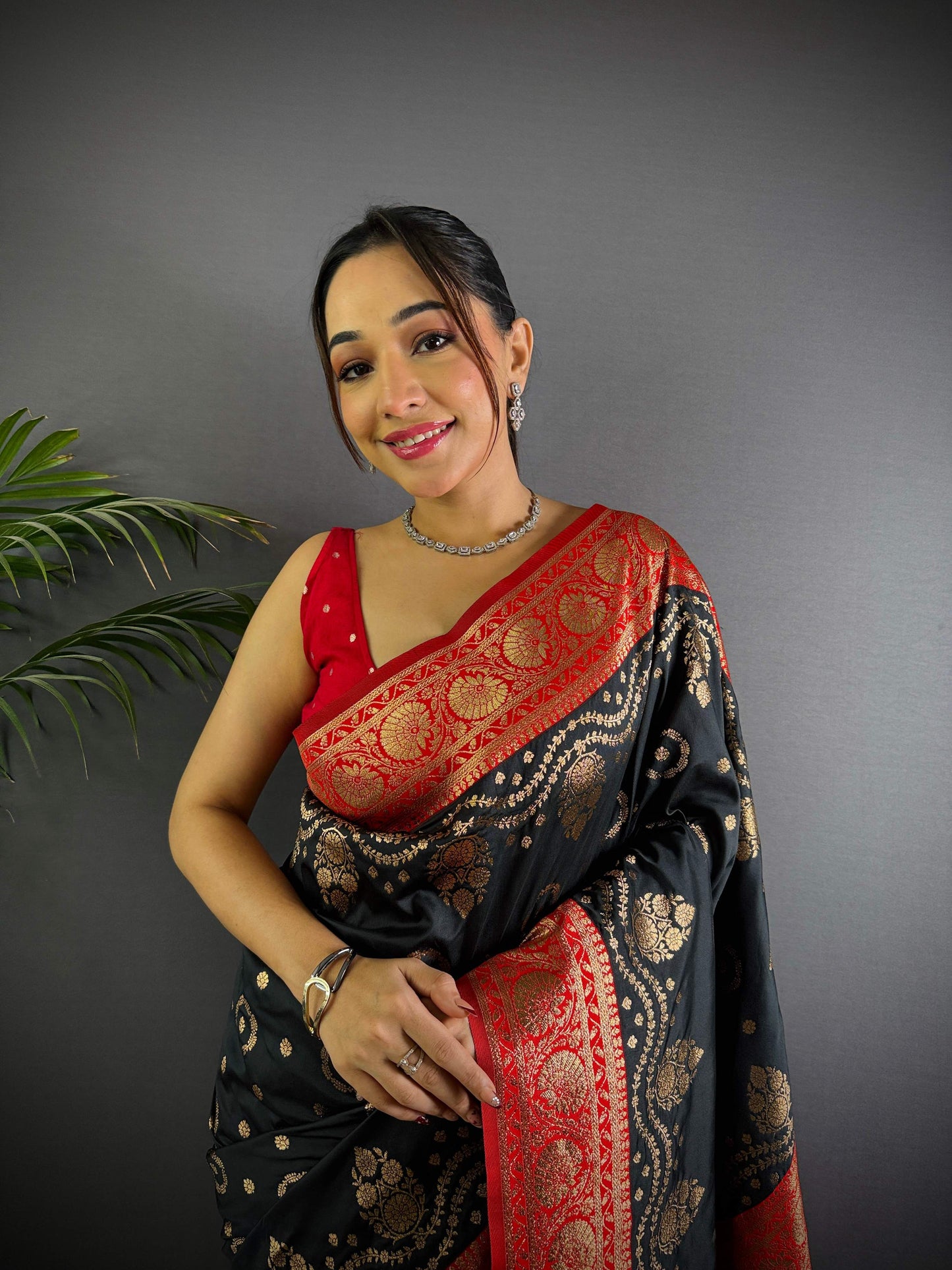Sonakshi Women's Black Banarasi Silk Zari Weaving Saree with Blouse