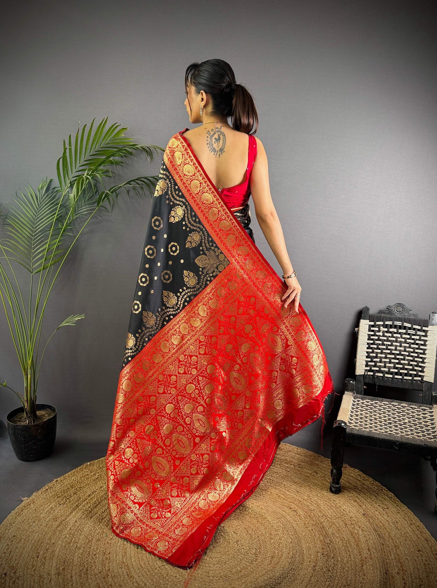 Sonakshi Women's Black Banarasi Silk Zari Weaving Saree with Blouse
