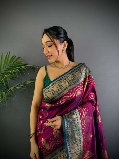 Sonakshi Women's Wine Banarasi Silk Zari Weaving Saree with Blouse