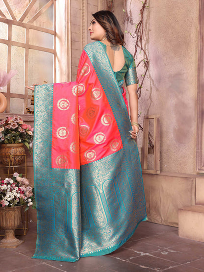 Sonakshi Women's Peach Banarasi Silk Zari Weaving Saree with Blouse