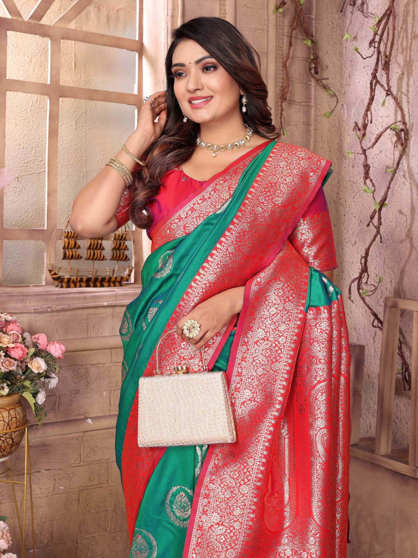 Sonakshi Women's Green Banarasi Silk Zari Weaving Saree with Blouse