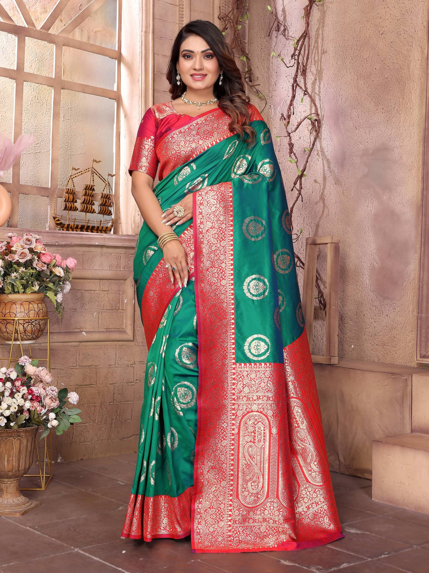 Sonakshi Women's Green Banarasi Silk Zari Weaving Saree with Blouse