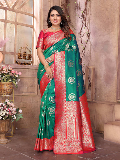 Sonakshi Women's Green Banarasi Silk Zari Weaving Saree with Blouse