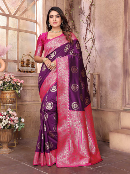 Sonakshi Women's Jamli Banarasi Silk Zari Weaving Saree with Blouse