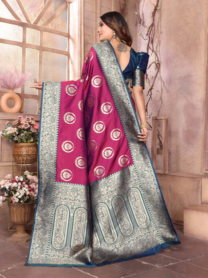 Sonakshi Women's Wine Banarasi Silk Zari Weaving Saree with Blouse