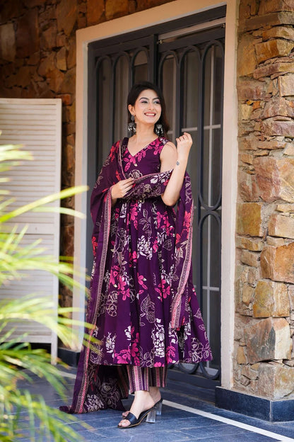 Sonakshi Women's Purple Masleen With Heavy Digital Printed Anarkali Gown Set With Dupatta