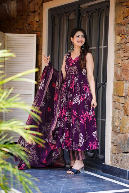 Sonakshi Women's Purple Masleen With Heavy Digital Printed Anarkali Gown Set With Dupatta