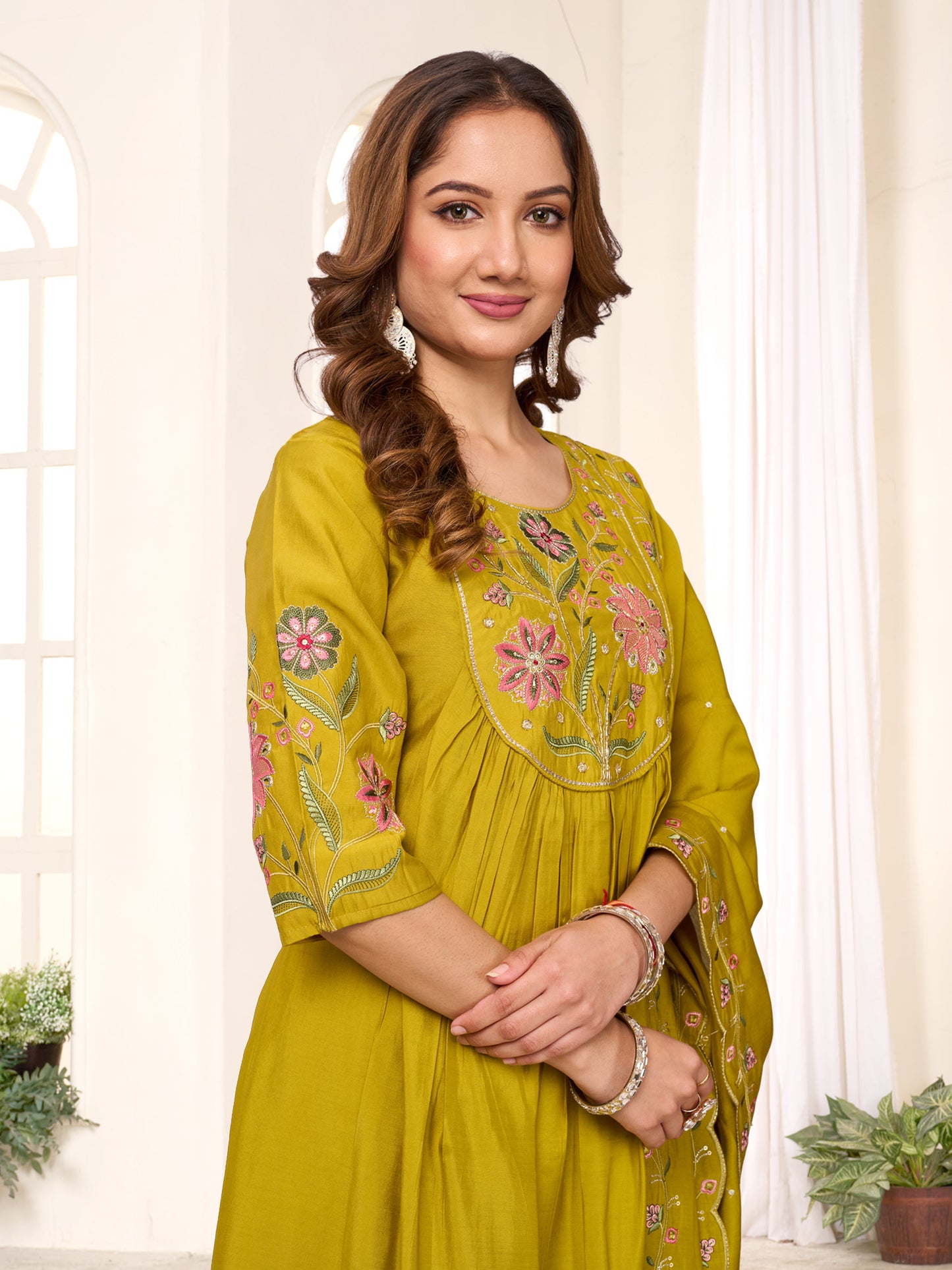 Sonakshi Women's Yellow Viscose Roman Silk With Multi Thread Embroidered With Hand Work Anarkali Gown Set With Dupatta