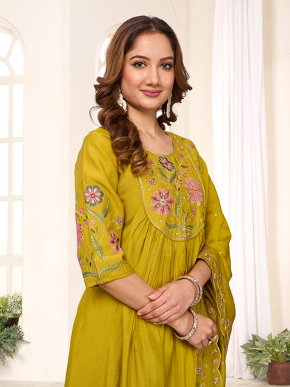 Sonakshi Women's Yellow Viscose Roman Silk With Multi Thread Embroidered With Hand Work Anarkali Gown Set With Dupatta