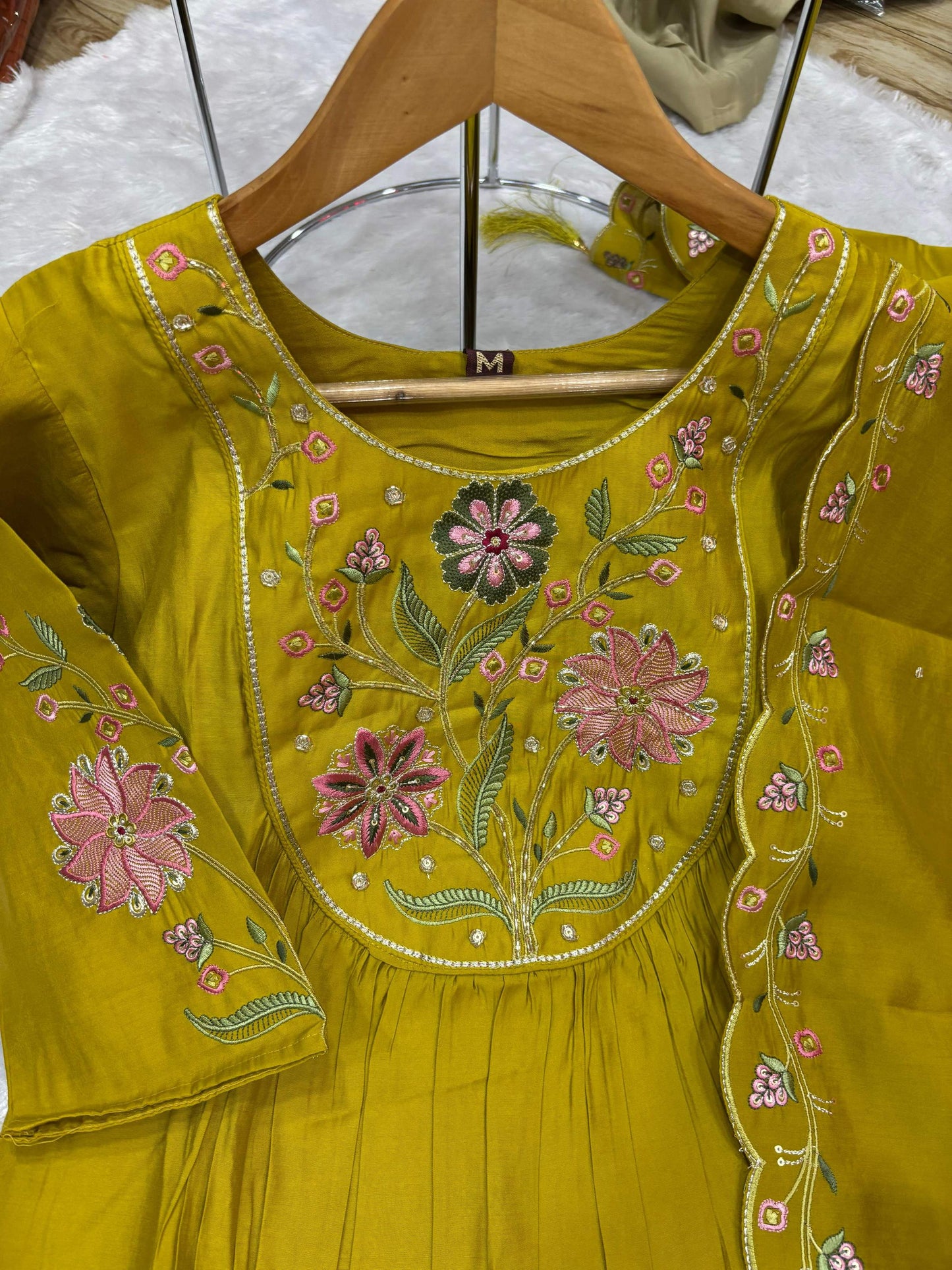 Sonakshi Women's Yellow Viscose Roman Silk With Multi Thread Embroidered With Hand Work Anarkali Gown Set With Dupatta