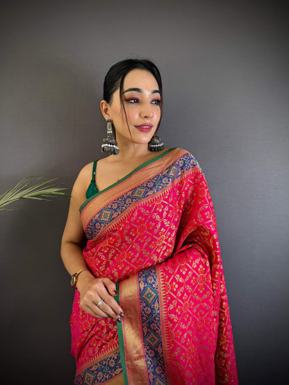 Sonakshi Women'S Pink Banarasi Soft Patola Silk With Meena & Zari Weaving Traditional Saree With Blouse