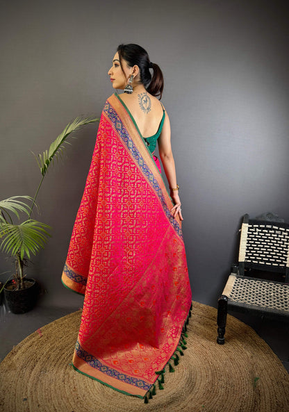 Sonakshi Women'S Pink Banarasi Soft Patola Silk With Meena & Zari Weaving Traditional Saree With Blouse
