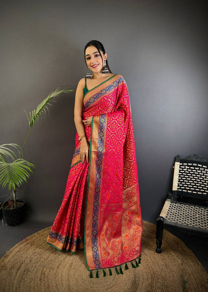 Sonakshi Women'S Pink Banarasi Soft Patola Silk With Meena & Zari Weaving Traditional Saree With Blouse