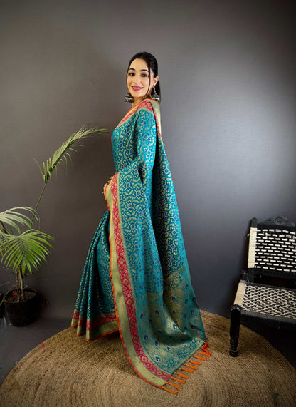 Sonakshi Women'S Teal Banarasi Soft Patola Silk With Meena & Zari Weaving Traditional Saree With Blouse