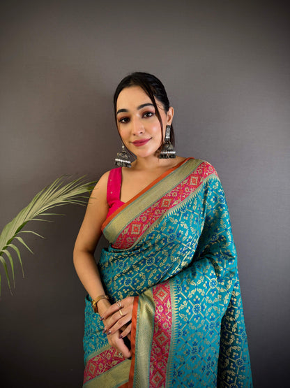 Sonakshi Women'S Teal Banarasi Soft Patola Silk With Meena & Zari Weaving Traditional Saree With Blouse