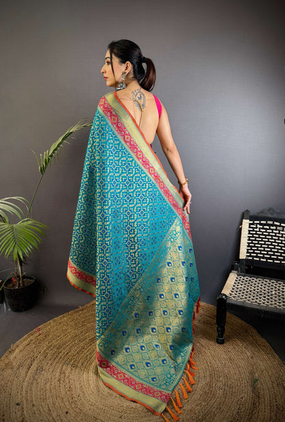 Sonakshi Women'S Teal Banarasi Soft Patola Silk With Meena & Zari Weaving Traditional Saree With Blouse