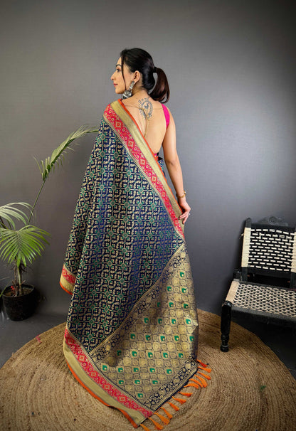 Sonakshi Women'S Black Banarasi Soft Patola Silk With Meena & Zari Weaving Traditional Saree With Blouse