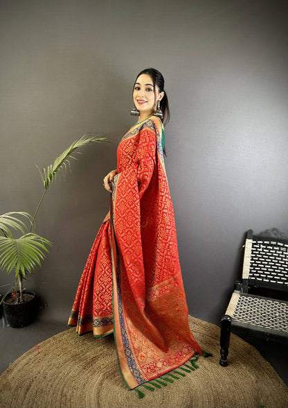 Sonakshi Women'S Red Banarasi Soft Patola Silk With Meena & Zari Weaving Traditional Saree With Blouse