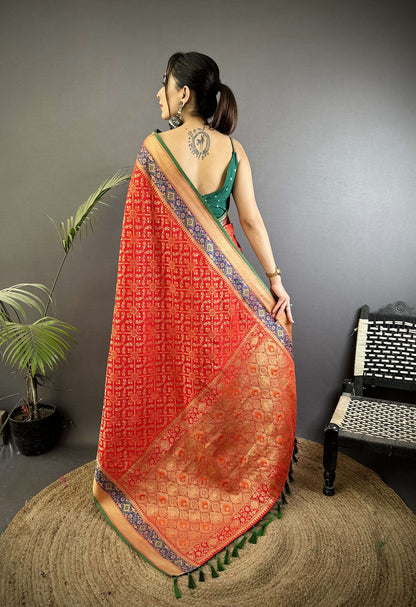 Sonakshi Women'S Red Banarasi Soft Patola Silk With Meena & Zari Weaving Traditional Saree With Blouse