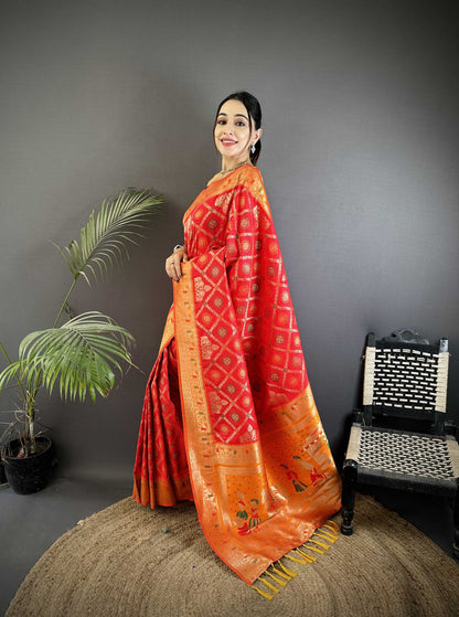 Sonakshi Women'S Red Banarasi Soft Patola Silk With Meena & Zari Weaving Traditional Saree With Blouse
