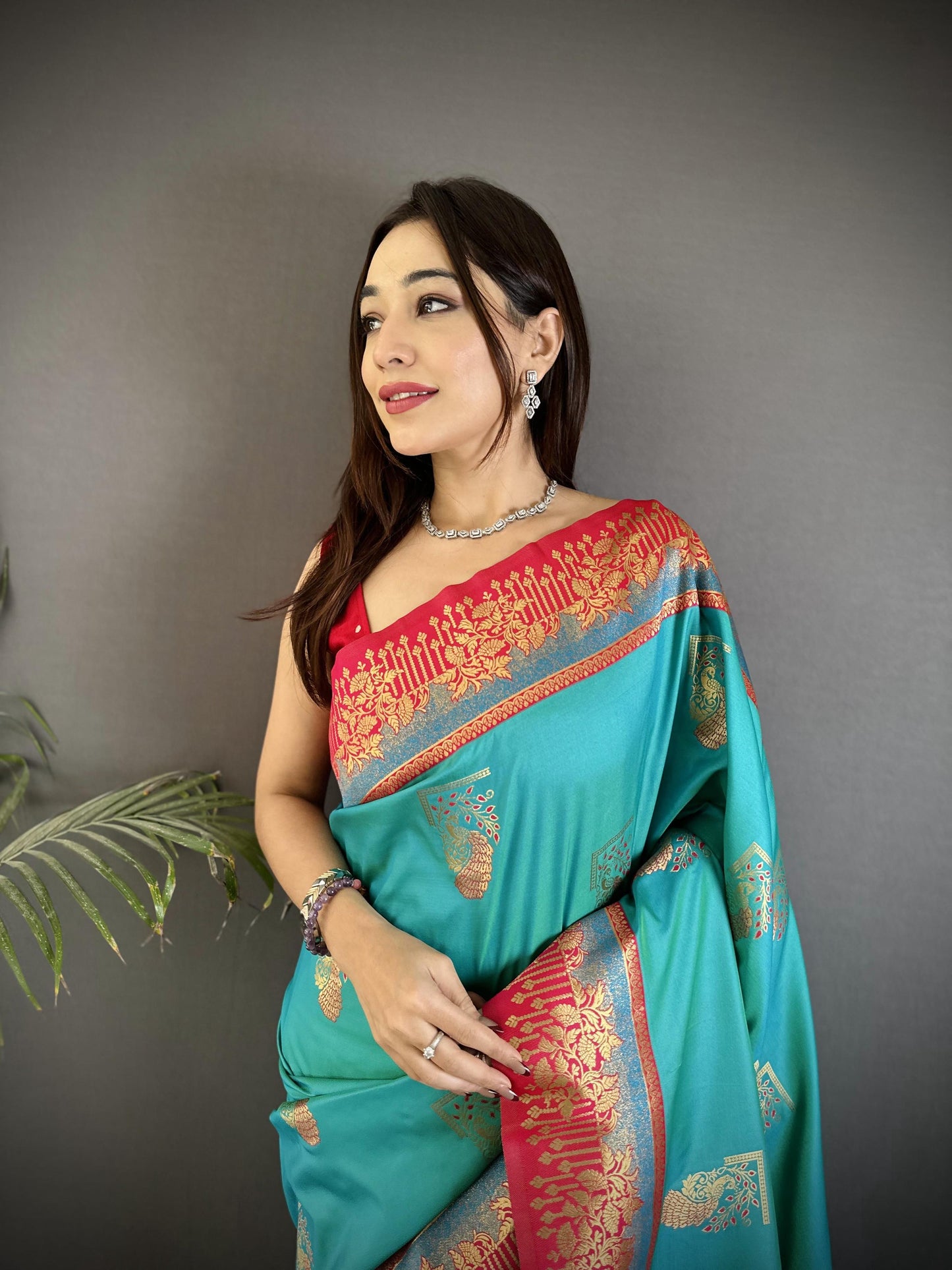 Sonakshi Women'S Teal Pure Soft Banarasi Silk With Contrast Weaving Border And Pallu Traditional Saree With Blouse