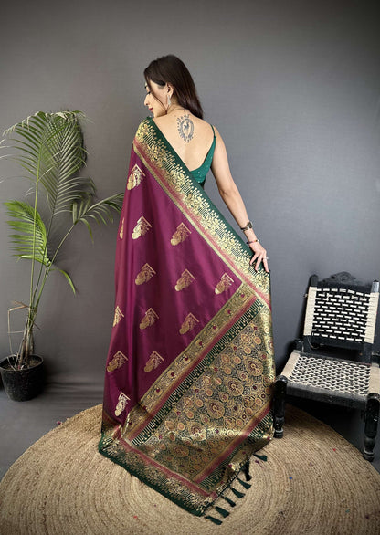 Sonakshi Women'S Wine Pure Soft Banarasi Silk With Contrast Weaving Border And Pallu Traditional Saree With Blouse
