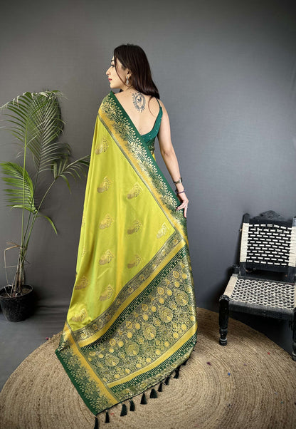 Sonakshi Women'S Mehendi Pure Soft Banarasi Silk With Contrast Weaving Border And Pallu Traditional Saree With Blouse