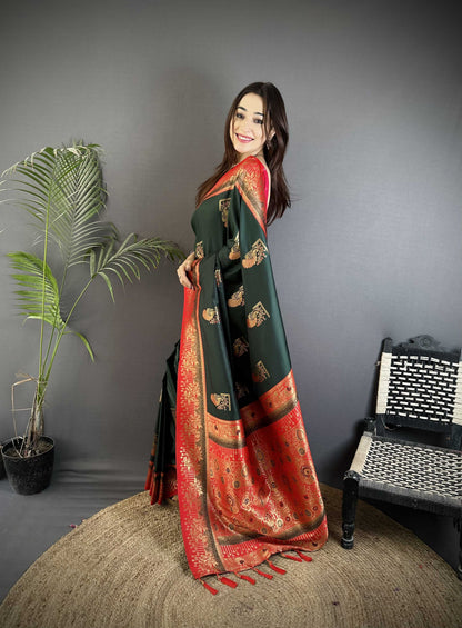Sonakshi Women'S Black Pure Soft Banarasi Silk With Contrast Weaving Border And Pallu Traditional Saree With Blouse