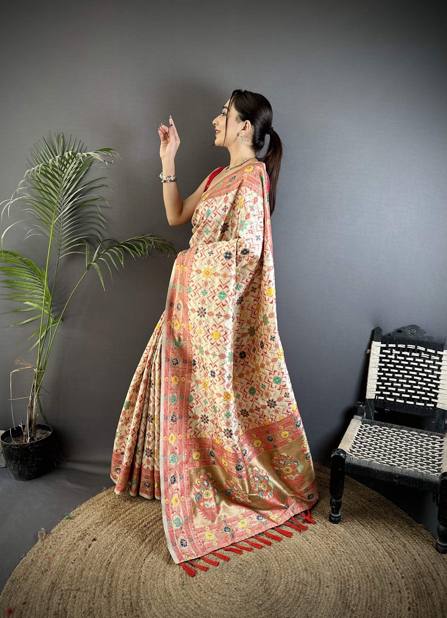 Sonakshi Women's Off White Banarasi Silk Tassel Weaving Traditional Saree with Blouse