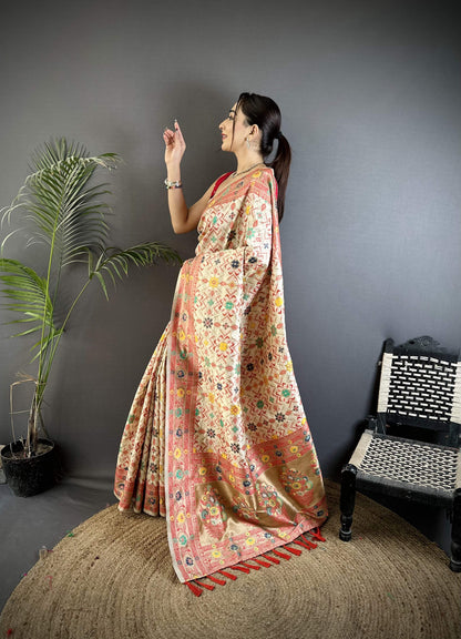 Sonakshi Women's Off White Banarasi Silk Tassel Weaving Traditional Saree with Blouse